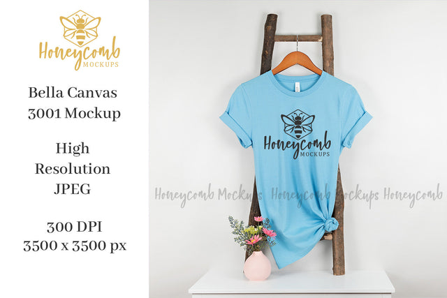 Ocean Blue Bella Canvas 3001 Mockup, Hanging Ladder Mockup, Women's T-Shirt Mockup Mock Up Photo Honeycomb Mockups 