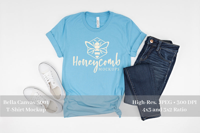 Ocean Blue Bella Canvas 3001 Mockup, Women's T-Shirt Mockup Mock Up Photo Honeycomb Mockups 