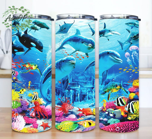 Ocean Dolphin 20oz Skinny Tumbler Png, Undersea Tumbler, Ocean Animal Tumbler, Fish Undersea Wrap, Dolphin Tumbler, Under The Sea Tumbler Png Sublimation AdriOP 