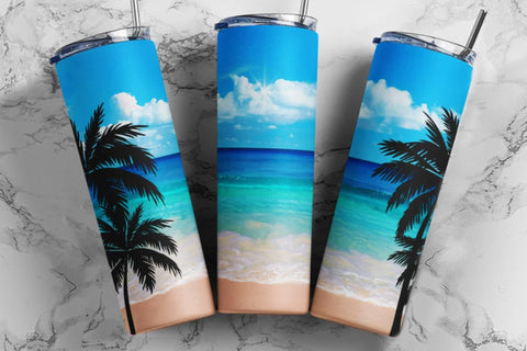 Ocean Palm Trees 20oz Skinny Tapered & Straight Seamless Tumbler Sublimation, Waterslide Design Full Tumbler Wrap PNG Digitals Download Sublimation TumblersByPhill 