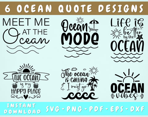 Ocean Quotes SVG Bundle, 6 Designs, Ocean Vibes SVG, Ocean Mode SVG, Meet Me At The Ocean SVG, Ocean Is My Happy Place SVG SVG HappyDesignStudio 