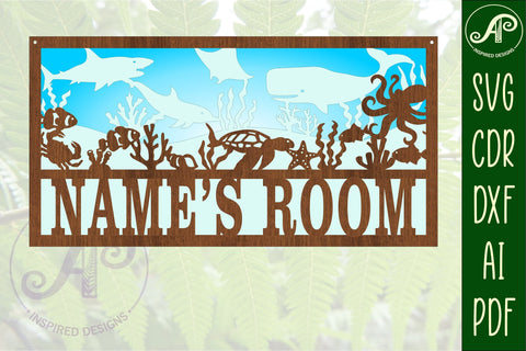 Ocean scene name sign SVG 3 layer laser cut template SVG APInspireddesigns 