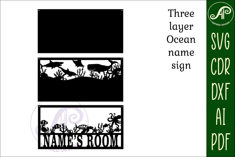 Ocean scene name sign SVG 3 layer laser cut template - So Fontsy