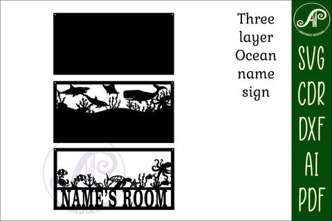 Ocean scene name sign SVG 3 layer laser cut template SVG APInspireddesigns 