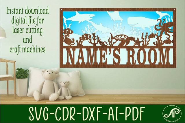 Ocean scene name sign SVG 3 layer laser cut template SVG APInspireddesigns 