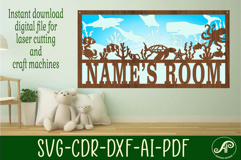 Ocean scene name sign SVG 3 layer laser cut template SVG APInspireddesigns 