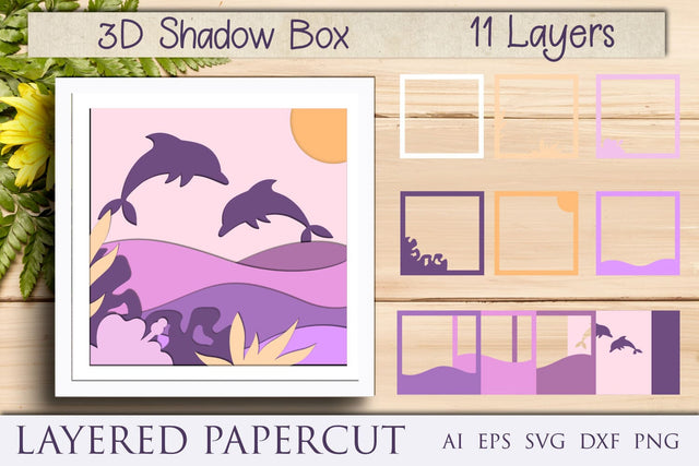 Ocean wave with dolphin shadow box, 3d layered summer light box template 3D Paper AnastasiyaArtDesign 