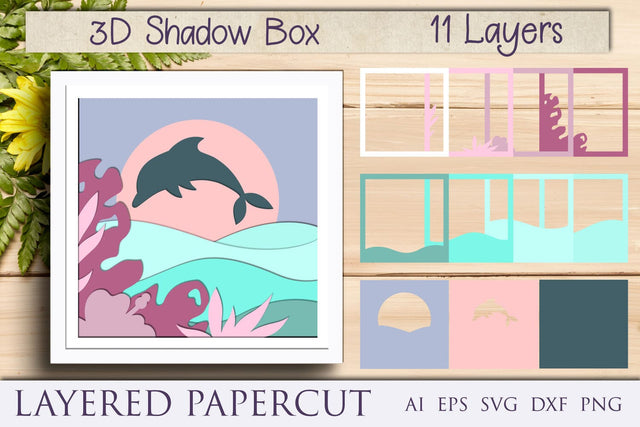 Ocean waves, dolphin and tropical flowers shadow box svg, Summer papercut 3D Paper AnastasiyaArtDesign 