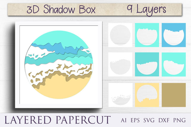 Ocean waves shadow box svg, Summer beach layered papercut template 3D Paper AnastasiyaArtDesign 