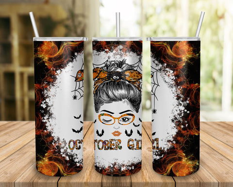 October Girlr Messy Bun Glasses Tumbler, October Girl Tumbler, October Birthday Skiny Tumbler, Fall Birthday Gift Ideas for Women, Halloween Tumbler SVG BOO-design 