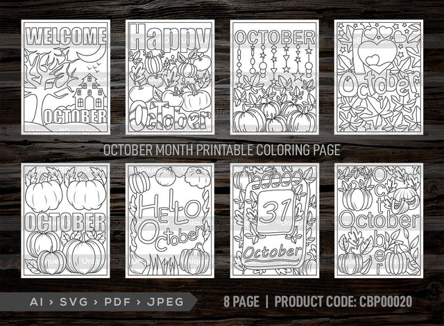 October Month Printable Coloring Page Bundle, PDF Colouring Book, Instant Download, CBP00020 SVG ETC Craft 