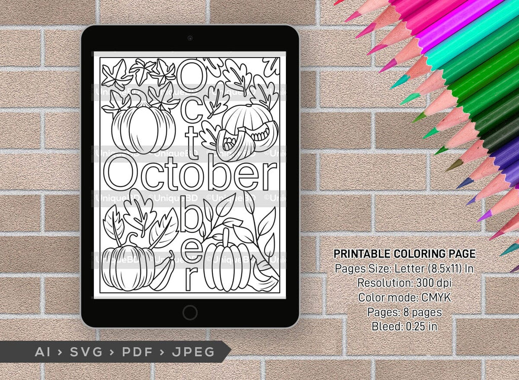 October Month Printable Coloring Page Bundle, PDF Colouring Book ...