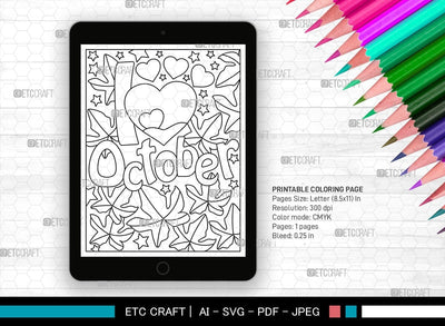October Month Printable Coloring Page Cut File, PDF Colouring Book, Instant Download, CBP00020 SVG ETC Craft 