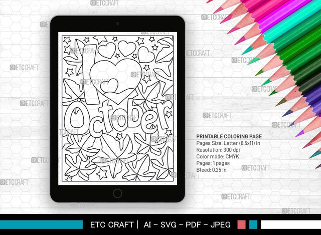 October Month Printable Coloring Page Cut File, PDF Colouring Book, Instant Download, CBP00020 SVG ETC Craft 