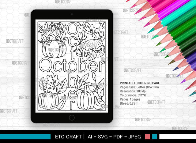 October Month Printable Coloring Page Cut File, PDF Colouring Book, Instant Download, CBP00020 SVG ETC Craft 