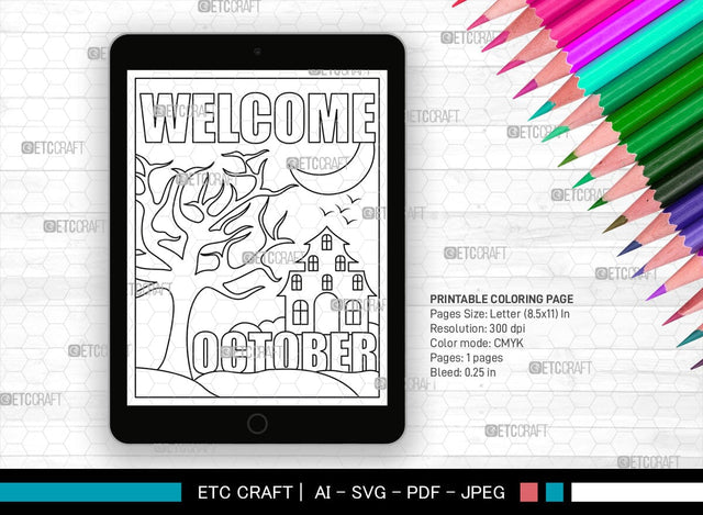 October Month Printable Coloring Page Cut File, PDF Colouring Book, Instant Download, CBP00020 SVG ETC Craft 