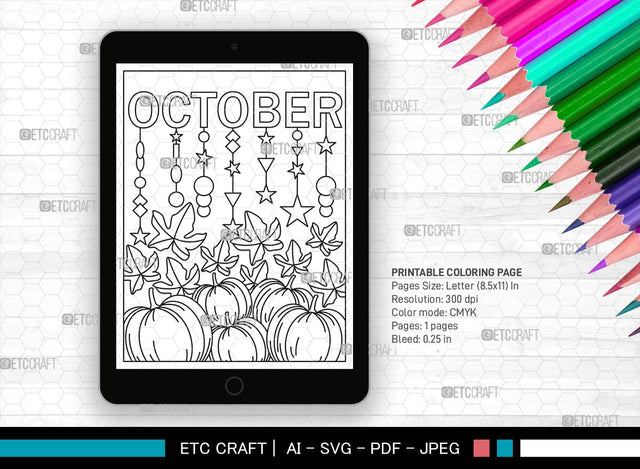 October Month Printable Coloring Page Cut File, PDF Colouring Book, Instant Download, CBP00020 SVG ETC Craft 