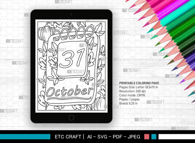 October Month Printable Coloring Page Cut File, PDF Colouring Book, Instant Download, CBP00020 SVG ETC Craft 