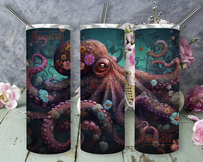 Octopus Framed With Undersea Creatures 20oz Skinny Tumbler Png, Octopus Undersea Tumbler, Animal Octopus Tumbler, Colorful Octopus Under Water Sea Tumbler Sublimation DesignSVG 