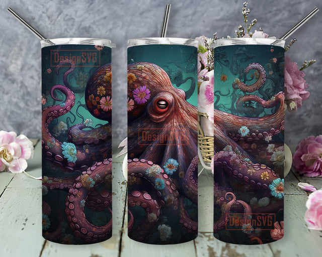 Octopus Framed With Undersea Creatures 20oz Skinny Tumbler Png, Octopus Undersea Tumbler, Animal Octopus Tumbler, Colorful Octopus Under Water Sea Tumbler Sublimation DesignSVG 