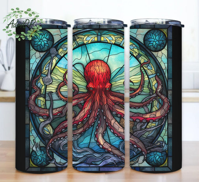Octopus In The Ocean 20oz Skinny Tumbler Png, Stained Glass Window Png, Ocean Life, Underwater Tumbler, Ocean, Watercolor Tumbler, Ocean Sublimation Sublimation AdriOP 