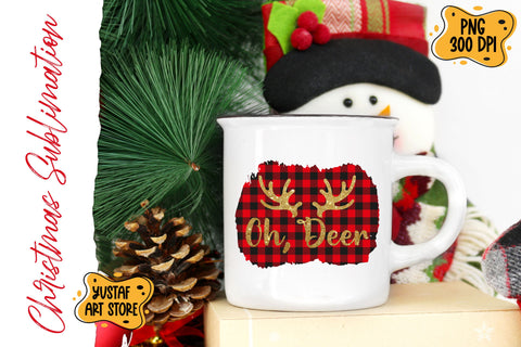 Oh, Deer. Christmas design with Buffalo plaid and deer horns Sublimation Yustaf Art Store 