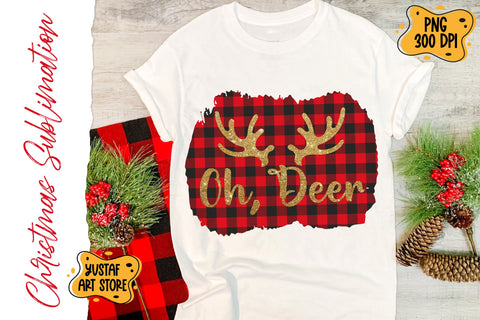 Oh, Deer. Christmas design with Buffalo plaid and deer horns Sublimation Yustaf Art Store 