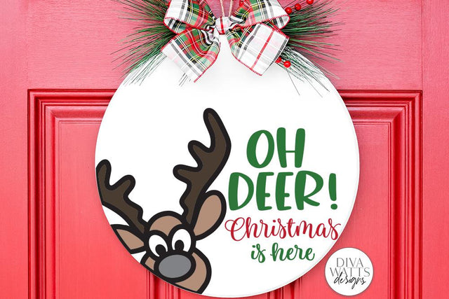 Oh Deer Christmas Is Here SVG | Winter Round Sign Design SVG Diva Watts Designs 