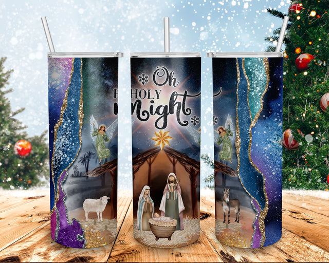 Oh Holy Night Christmas Nativity Scene 20oz Skinny Tumbler PNG Sublimation Designs, Agate Galaxy Glitter Tumbler Design Png Instant Download Sublimation BOO-design 