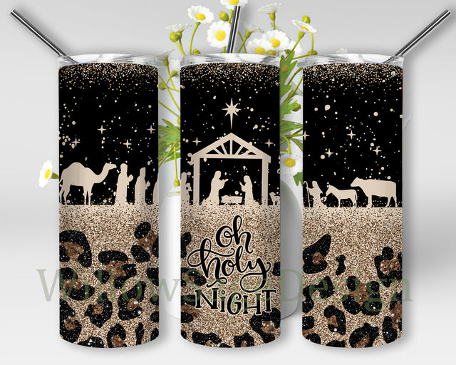 Oh Holy Night Tumbler Png, Christmas Nativity Scene 20oz Full Tumbler Wrap, Christian Leopard Glitter Tumbler, Religious Design Png, Jesus Sublimation Design, Instant Download Sublimation WillowSageDesign 