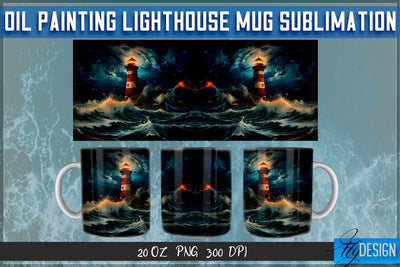 Oil Painting Lighthouse Mug Sublimation | 20 Oz Mug | PNG Sublimation Fly Design 