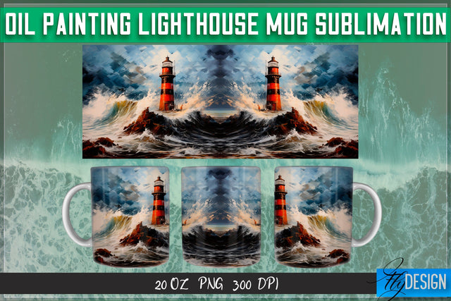 Oil Painting Lighthouse Mug Sublimation | 20 Oz Mug | PNG Sublimation Fly Design 