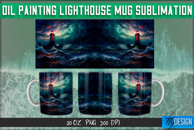 Oil Painting Lighthouse Mug Sublimation | 20 Oz Mug | PNG Sublimation Fly Design 