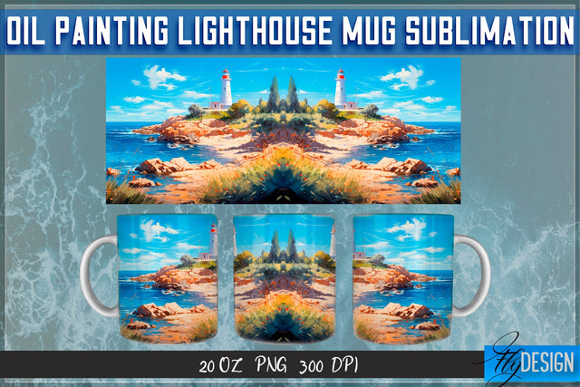 Oil Painting Lighthouse Mug Sublimation | 20 Oz Mug | PNG Sublimation Fly Design 