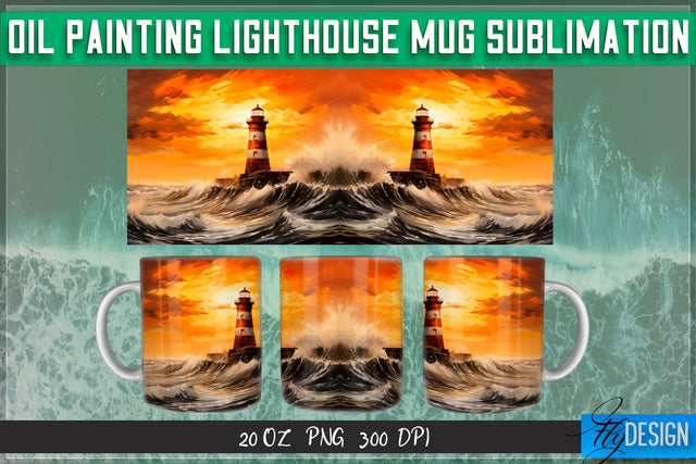 Oil Painting Lighthouse Mug Sublimation | 20 Oz Mug | PNG Sublimation Fly Design 
