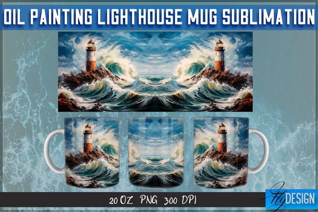 Oil Painting Lighthouse Mug Sublimation | 20 Oz Mug | PNG Sublimation Fly Design 