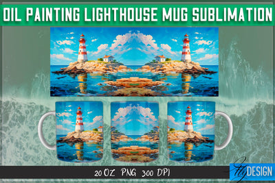Oil Painting Lighthouse Mug Sublimation | 20 Oz Mug | PNG Sublimation Fly Design 