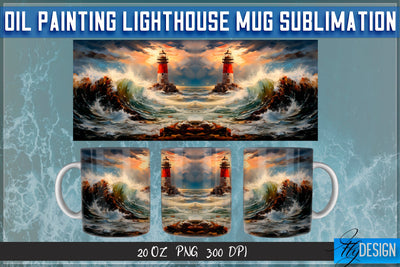 Oil Painting Lighthouse Mug Sublimation | 20 Oz Mug | PNG Sublimation Fly Design 
