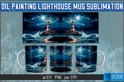 Oil Painting Lighthouse Mug Sublimation | 20 Oz Mug | PNG Sublimation Fly Design 