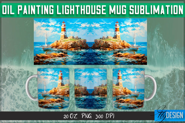 Oil Painting Lighthouse Mug Sublimation | 20 Oz Mug | PNG Sublimation Fly Design 