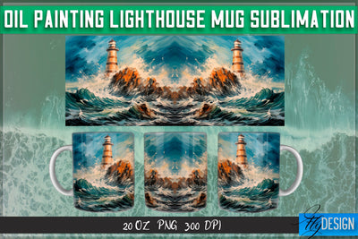 Oil Painting Lighthouse Mug Sublimation | 20 Oz Mug | PNG Sublimation Fly Design 