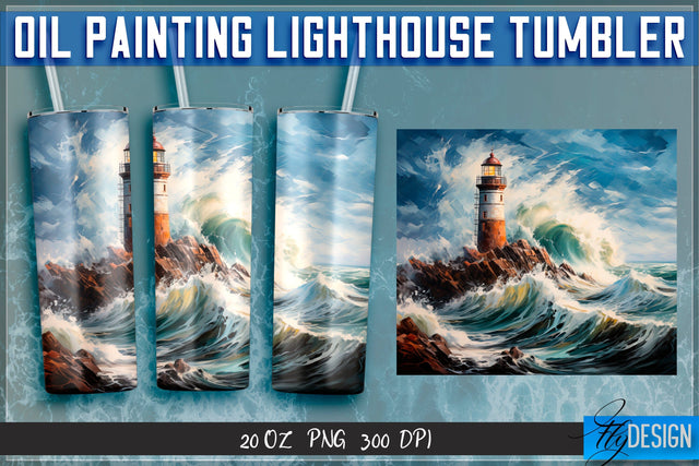 Oil Painting Lighthouse Tumblers 20 oz. Sublimation Fly Design 