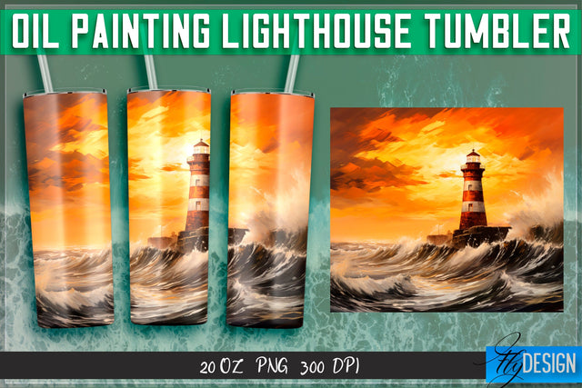 Oil Painting Lighthouse Tumblers 20 oz. Sublimation Fly Design 