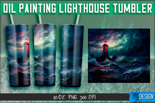 Oil Painting Lighthouse Tumblers 20 oz. Sublimation Fly Design 