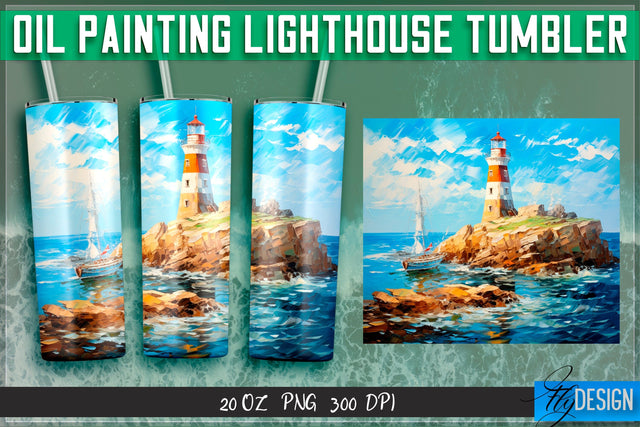 Oil Painting Lighthouse Tumblers 20 oz. Sublimation Fly Design 