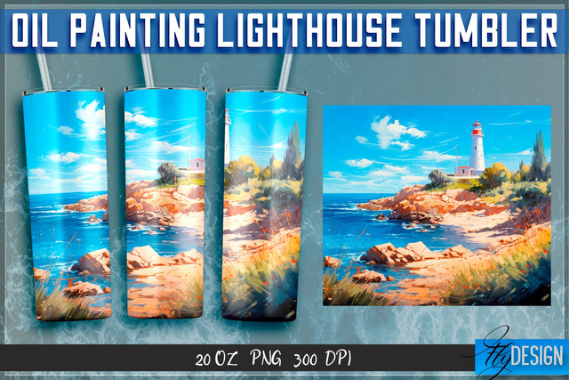 Oil Painting Lighthouse Tumblers 20 oz. Sublimation Fly Design 