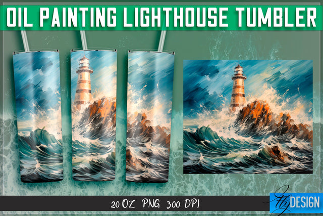 Oil Painting Lighthouse Tumblers 20 oz. Sublimation Fly Design 