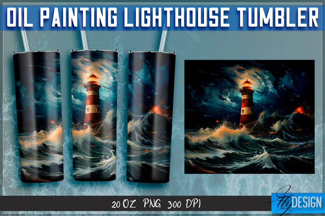 Oil Painting Lighthouse Tumblers 20 oz. Sublimation Fly Design 