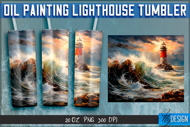 Oil Painting Lighthouse Tumblers 20 oz. Sublimation Fly Design 