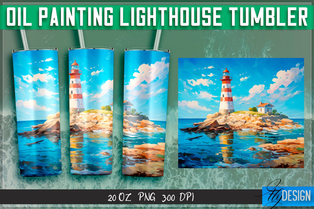 Oil Painting Lighthouse Tumblers 20 oz. Sublimation Fly Design 